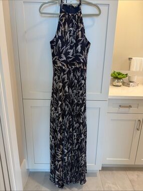 NWT Betsy & Adam Navy Maxi Dress with Gold Leaf Print